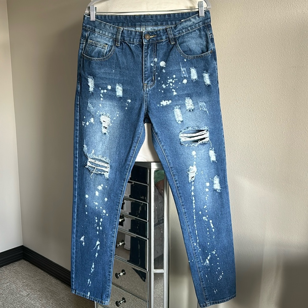 Womens Distressed Skinny Jeans w/ Paint Splatter Detail - Size 34